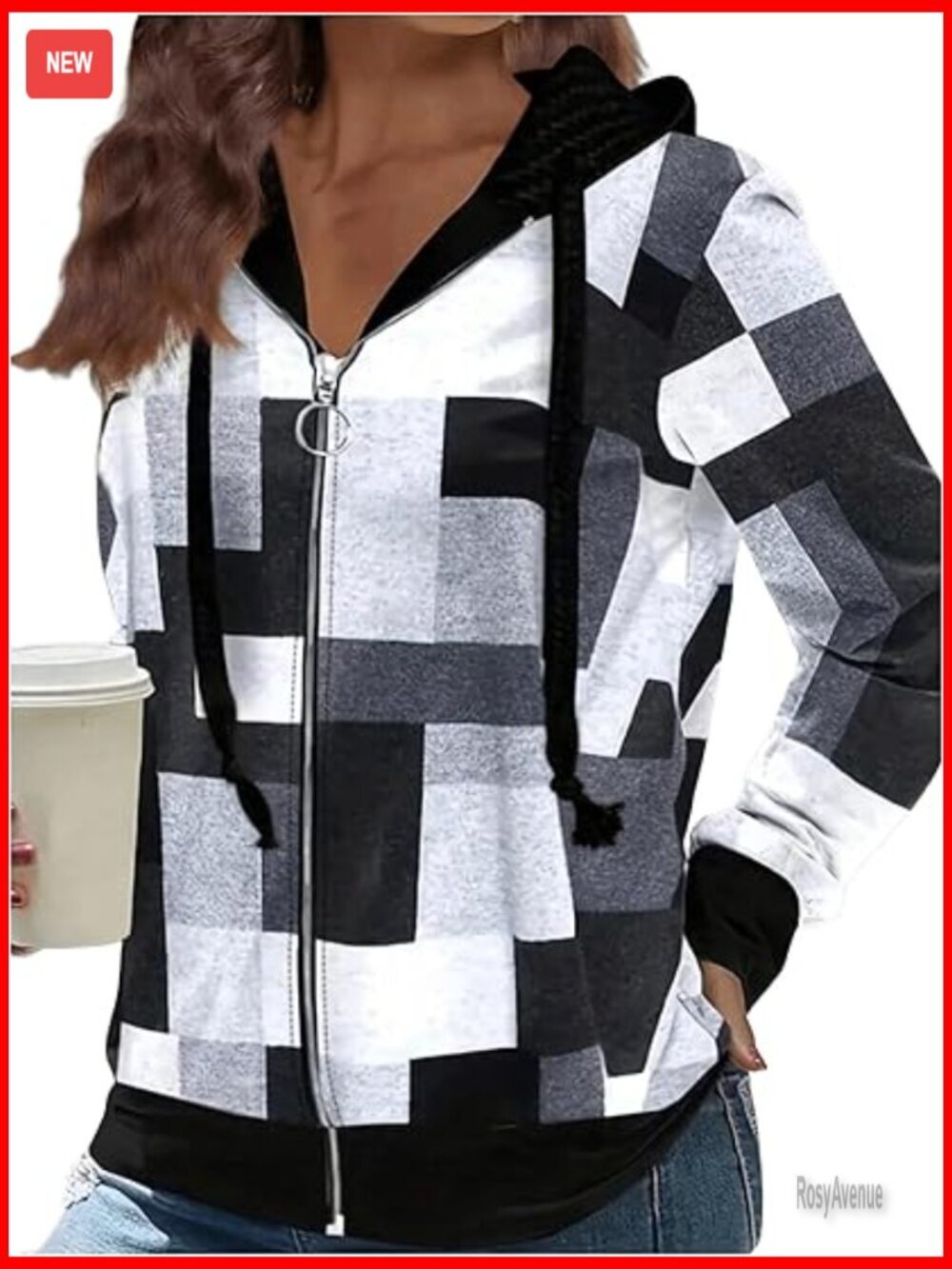 Plus Size Zip Up Hoodie Geometric Print Drawstring Collar Hooded Sweatshirt